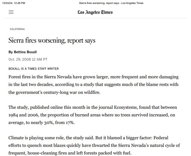 Screenshot of a Los Angeles Times article titled "Sierra fires worsening, report says" by Bettina Boxall.