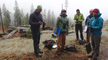 Sampling a burned area on a cold day. Group of people in outdoor gear conducting fieldwork in a misty forest.