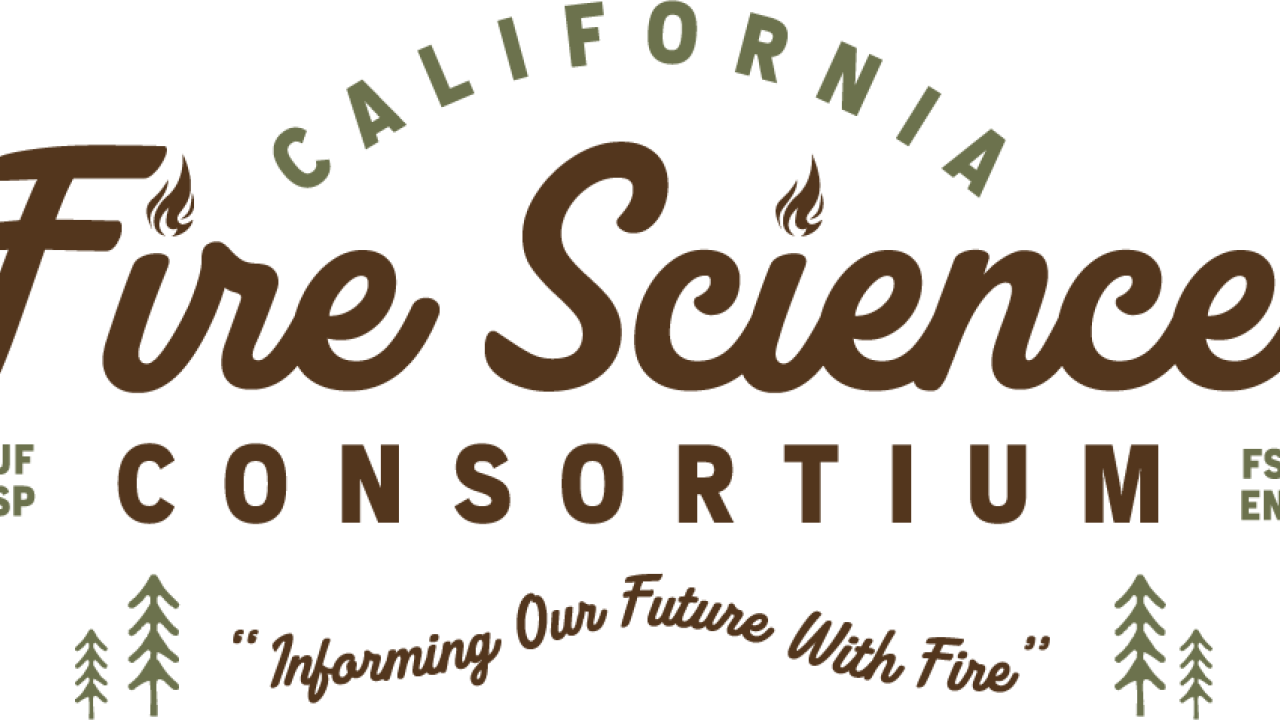 Logo for the California Fire Science Consortium with text elements and tree graphics.