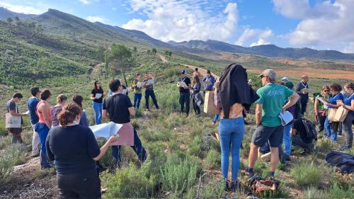 A group of people gathering outdoors on a grassy hill with mountains in the background. Some hold papers in Mediterranean Forest Week Field trip